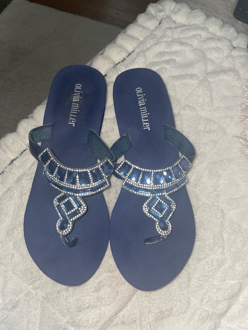 Olivia Miller Navy Crystal-Embellished Toe-Post Sandals